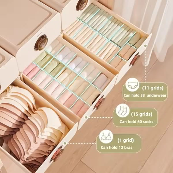 Clothing organizer with grid compartments for underwear, socks, and bras on a neutral background.
