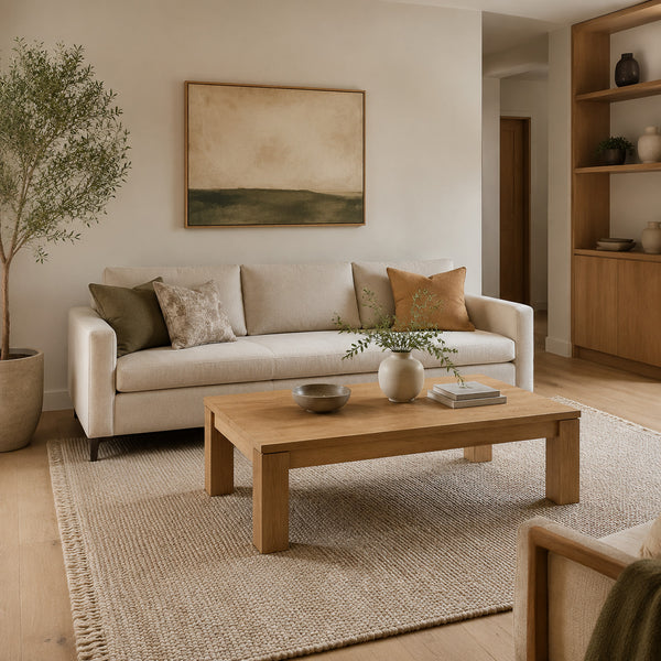 Small apartment living room with round wooden coffee table and loveseat