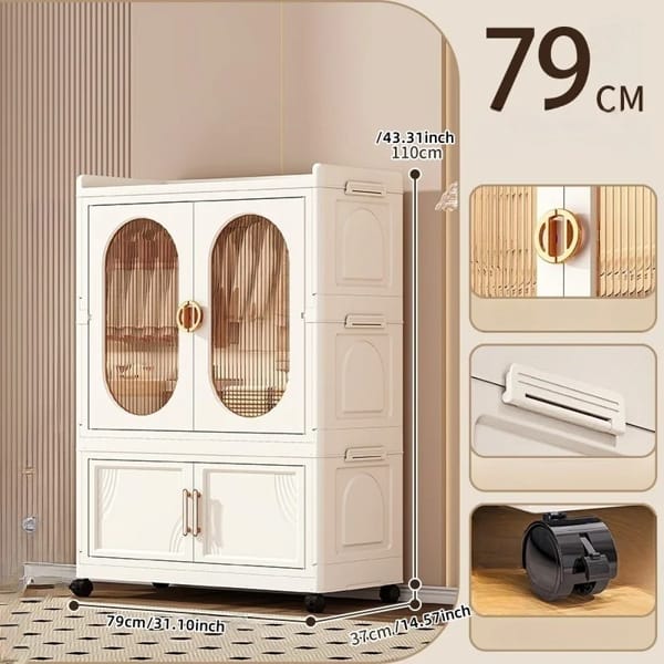 mobile clothing organizer with wheels and magnetic doors