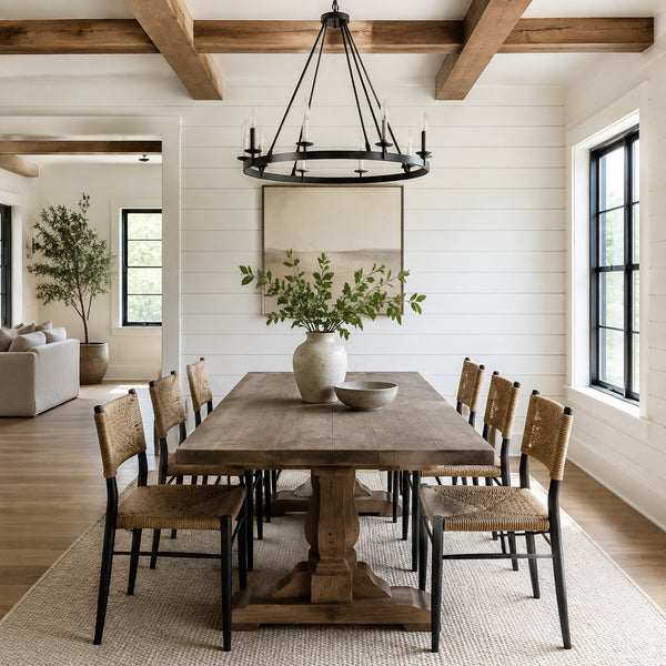 Modern farmhouse dining room with restrained white shiplap accent wall