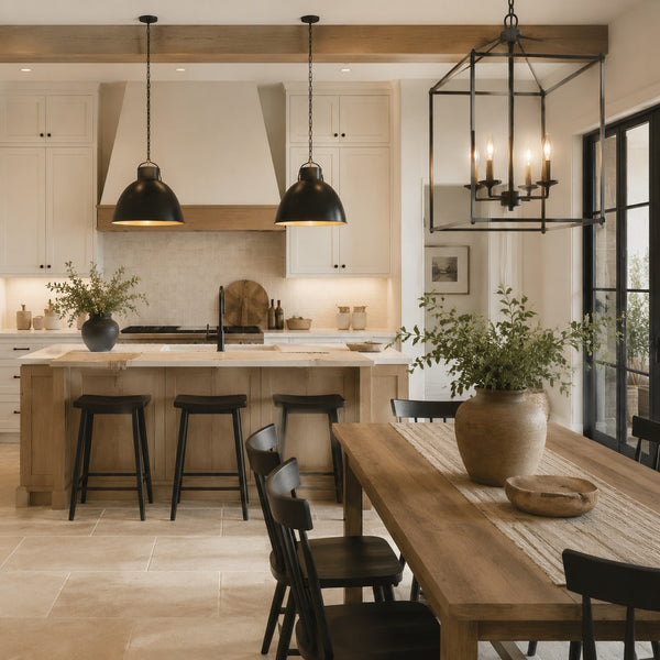 Modern farmhouse kitchen with black pendant lights and metal accents