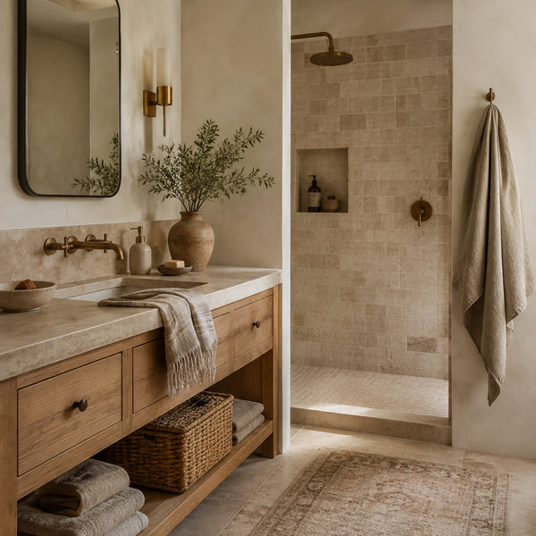 Warm farmhouse bathroom with oak vanity and stone tiles