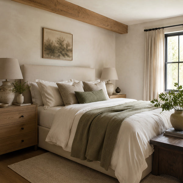 Cozy farmhouse reading corner with neutral textiles