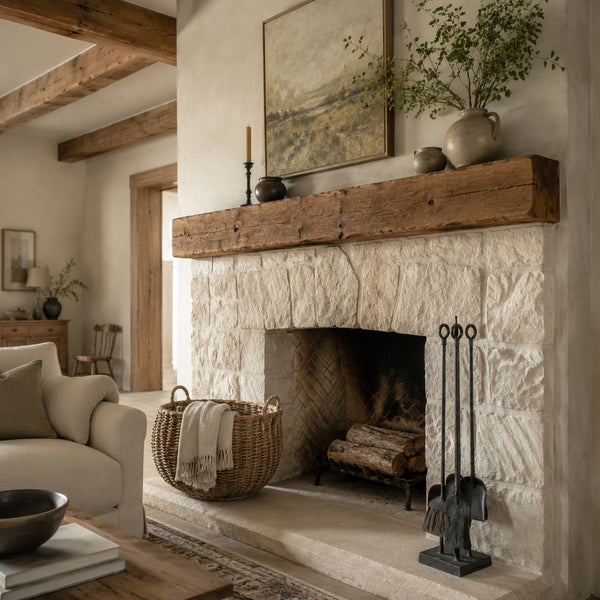 Modern farmhouse fireplace with limestone and natural wood details