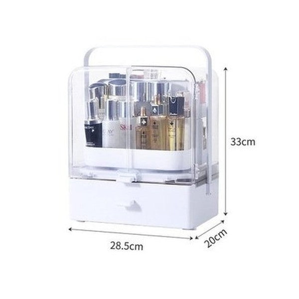 rotary design makeup organizer container storage box for cosmetics jewelry with clear dustproof lid, top handle for carrying, drawers. type: household storage containers.