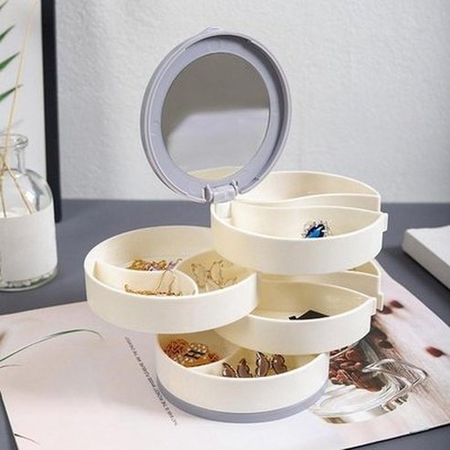 rotating plastic jewelry storage container jewelry holder earring ring box cosmetic beauty container organizer with mirror. type: household storage containers