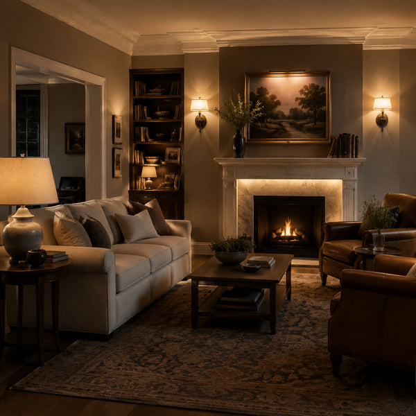 Traditional living room with warm automated evening lighting scene