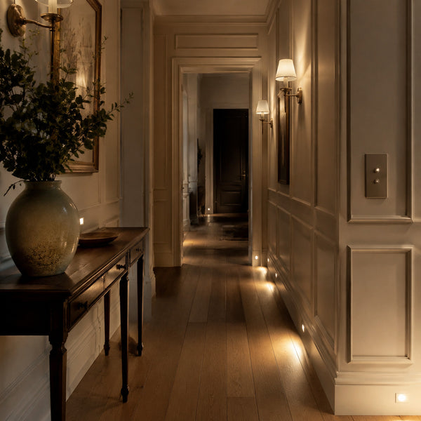 Spa bathroom with warm smart mirror lighting and illuminated vanity