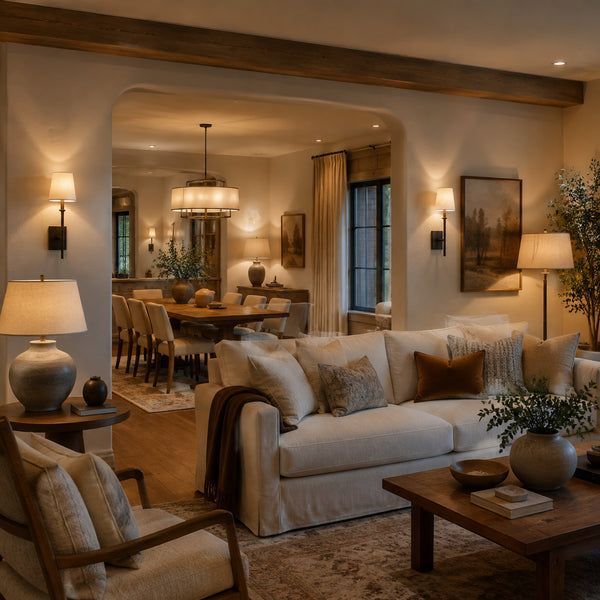 Open-plan living and dining room with coordinated smart ambient lighting