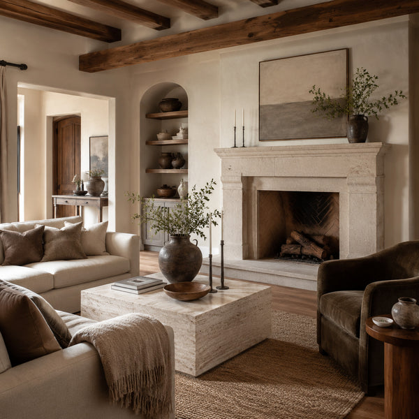 Neutral living room combining stone fireplace, velvet chair and aged ceiling beams