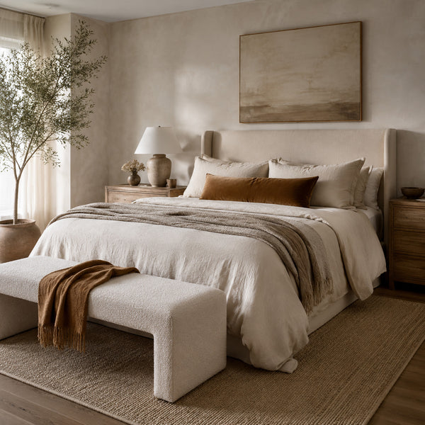 Cozy neutral bedroom layered with linen bedding, velvet, bouclé and natural wool