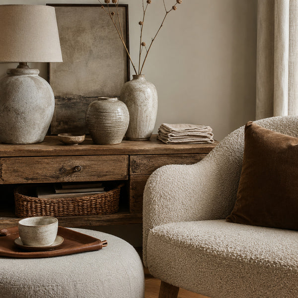 Distressed wood console styled with ceramics, linen, bouclé and velvet textures