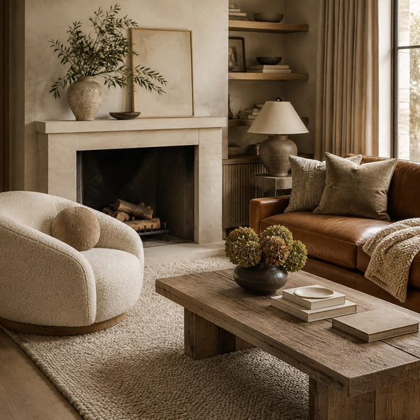 Warm neutral living room layered with bouclé, leather, limestone and distressed wood