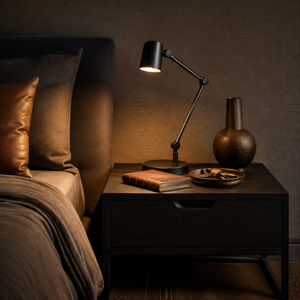 Vintage bedside table with pleated lamp, books and brass tray