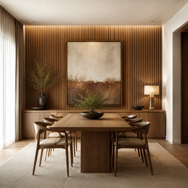 Modern interior anchored by a sculptural curved cognac leather sofa