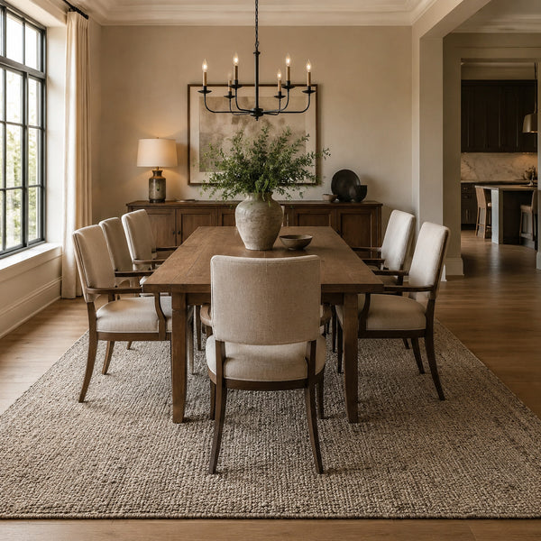 Large dining room rug keeping pulled chairs on its surface