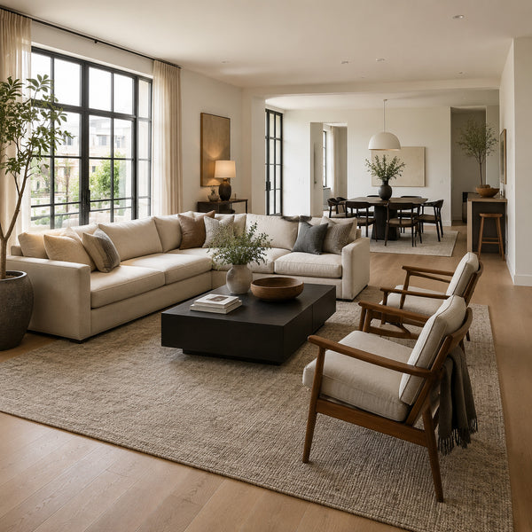 Area rug defining living zone in open-plan apartment