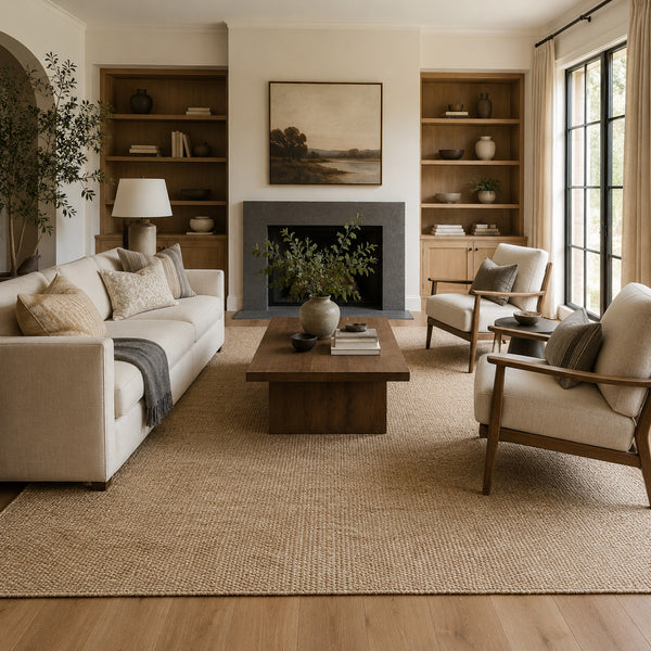 Correct large living room rug beneath sofa and armchairs
