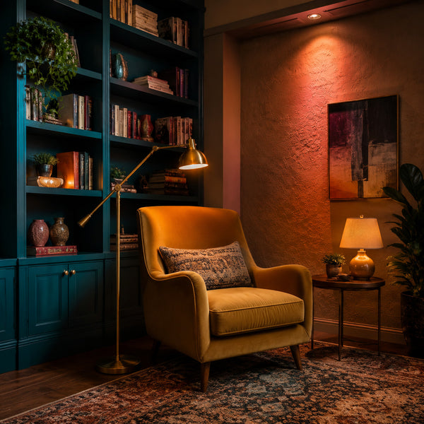Colorful reading corner with task and accent lighting