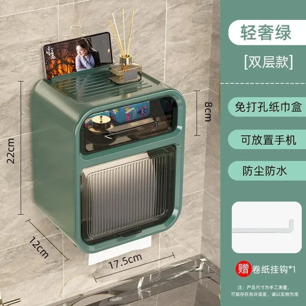 Plastic toilet roll holder with phone and accessory shelf