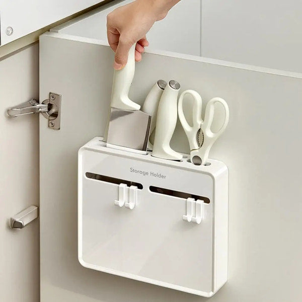 Knife storage rack with scissors holder and utility hooks