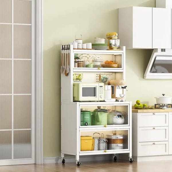 mobile kitchen storage cabinet with pegboard panel