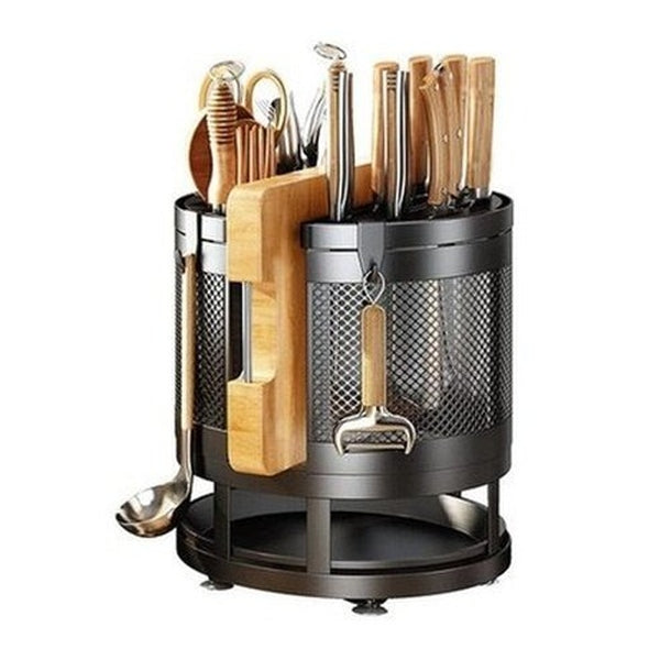 Rotating Black Metal Round Knife Holder. Rotary Kitchen Knife Holder, Tableware Cutting Board Integrated Shelf.
