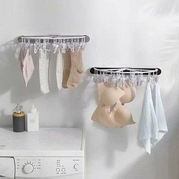 Foldable Wall-Mounted Plastic Clothes Drying Rack with 24 Clips