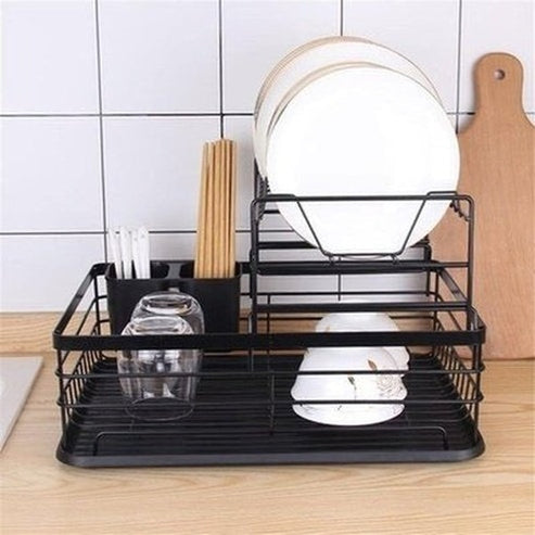 2 Layers Metal Dish Holder Rack With Drain Board