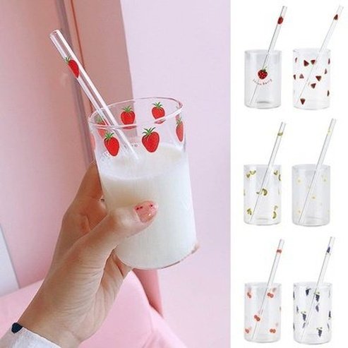 2pc Cute Printing Straws Glass Cup Fruit Pattern Transparent Milk Water Cup Heat Resistant Coffee Tea. Drinkware: Coffee & Tea Cups. Shop anywhere you go online.