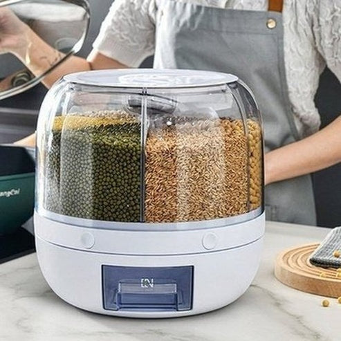 Clear 6 Grid Round Rice Cereal Organizer Container, 360° Rotating Grain Container, Dry Food Storage Box with Dispenser for Kitchen. Type: Food Storage Containers.