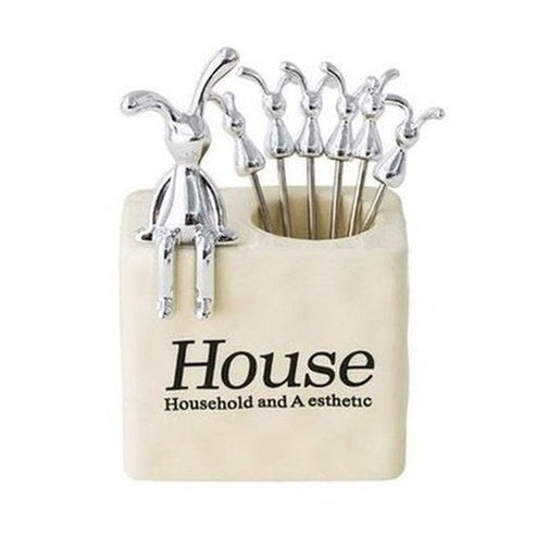 Cartoon Rabbit Steel Fruit Fork Storage Ceramic Box