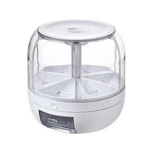 Clear 6 Grid Round Rice Cereal Organizer Container, 360° Rotating Grain Container, Dry Food Storage Box with Dispenser for Kitchen. Type: Food Storage Containers.