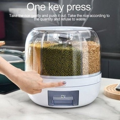 Clear 6 Grid Round Rice Cereal Organizer Container, 360° Rotating Grain Container, Dry Food Storage Box with Dispenser for Kitchen. Type: Food Storage Containers.