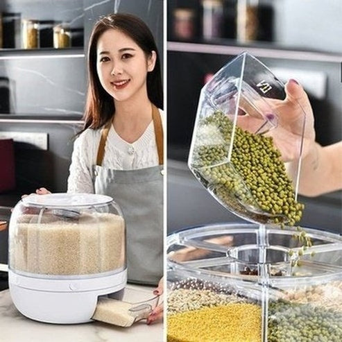 Clear 6 Grid Round Rice Cereal Organizer Container, 360° Rotating Grain Container, Dry Food Storage Box with Dispenser for Kitchen. Type: Food Storage Containers.