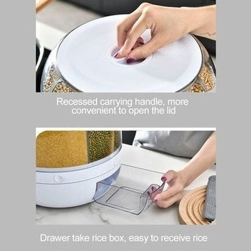 Clear 6 Grid Round Rice Cereal Organizer Container, 360° Rotating Grain Container, Dry Food Storage Box with Dispenser for Kitchen. Type: Food Storage Containers.