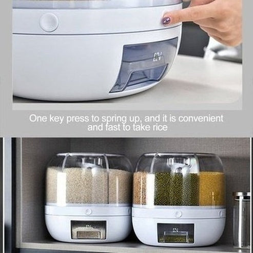 Clear 6 Grid Round Rice Cereal Organizer Container, 360° Rotating Grain Container, Dry Food Storage Box with Dispenser for Kitchen. Type: Food Storage Containers.