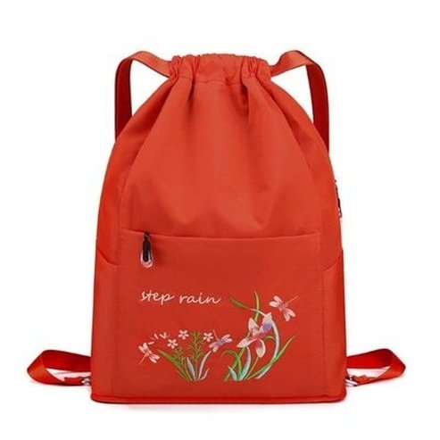 Embroidered Drawstring Backpack Backpacks Orange Embroidered Drawstring Foldable Backpack