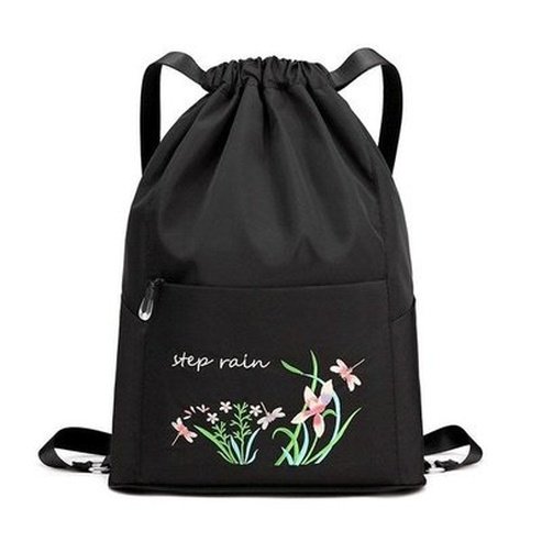Embroidered Drawstring Backpack Backpacks Black Embroidered Drawstring Foldable Backpack