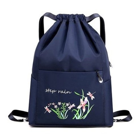 Embroidered Drawstring Backpack Backpacks Dark Blue Embroidered Drawstring Foldable Backpack