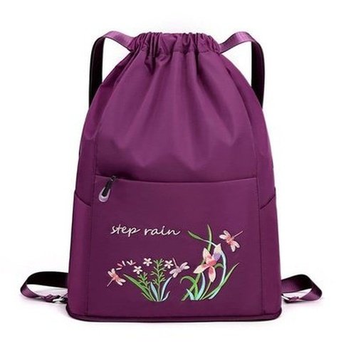 Embroidered Drawstring Backpack Backpacks Purple Embroidered Drawstring Foldable Backpack