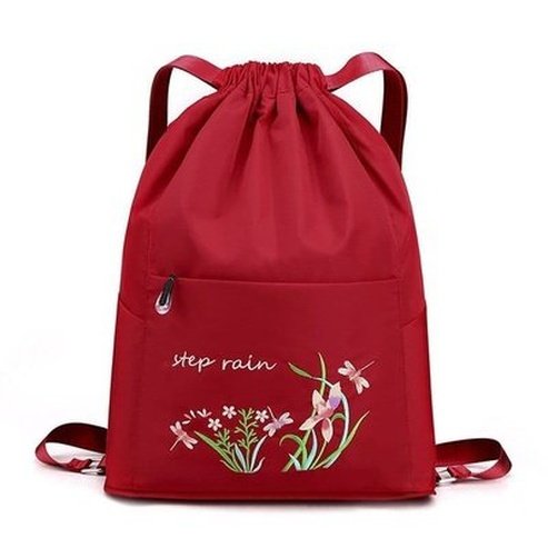 Embroidered Drawstring Backpack Backpacks Red Embroidered Drawstring Foldable Backpack