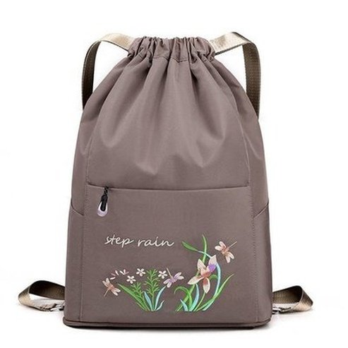 Embroidered Drawstring Backpack Backpacks Gray Embroidered Drawstring Foldable Backpack