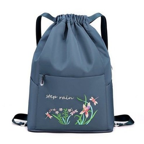Embroidered Drawstring Backpack Backpacks Smoky Blue Embroidered Drawstring Foldable Backpack