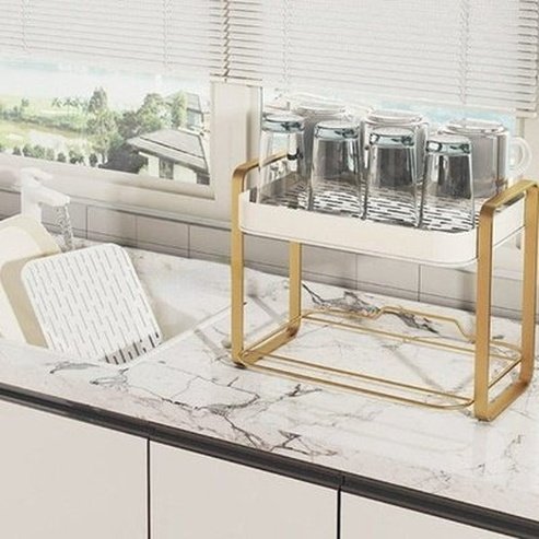 Double Layer Drain Tray Dish Racks & Drain Boards Gold