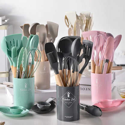 12PCS Silicone Kitchen Utensils Set – Cookware Tools with Wooden Handles