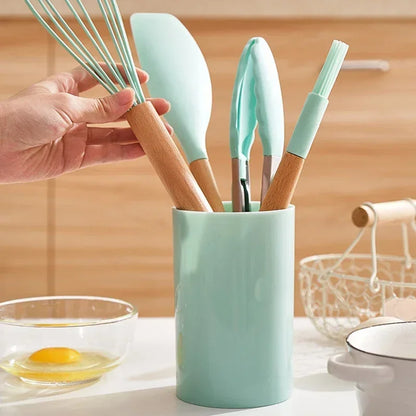 12PCS Silicone Kitchen Utensils Set – Cookware Tools with Wooden Handles