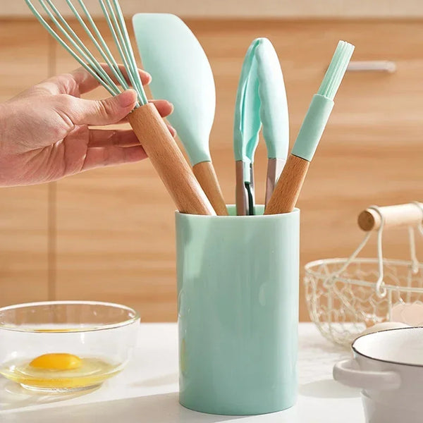12PCS Silicone Kitchen Utensils Set – Cookware Tools with Wooden Handles