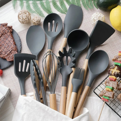 12PCS Silicone Kitchen Utensils Set – Cookware Tools with Wooden Handles