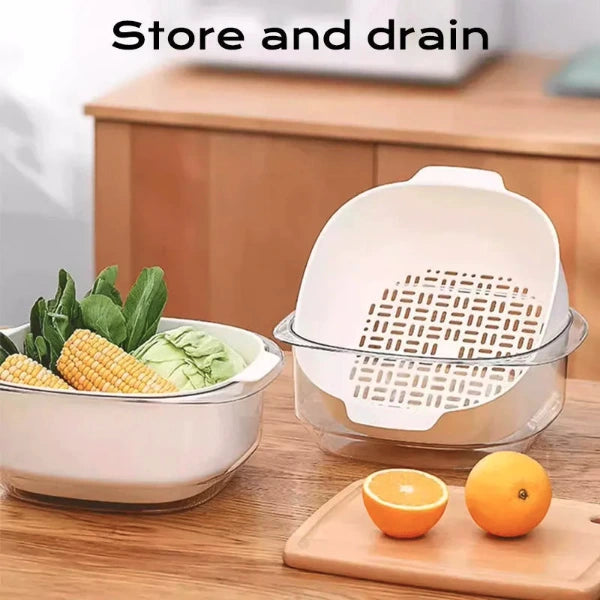 2-in-1 Kitchen Back Drain Basket – Multi-Purpose Blue Fruit Rinser & Snack Storage Container